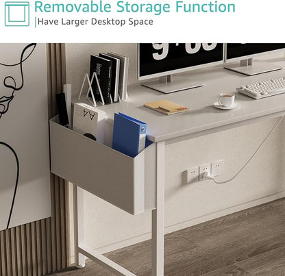 Lufeiya White Computer Desk with Power Outlet, 55 inch Teen Study Table Home Office Work Writing Gaming Desks with Charging Station Outlets Built in, White