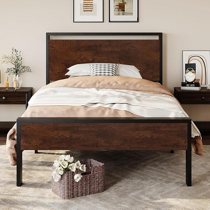 SHA CERLIN 14 Inch Twin Size Metal Platform Bed Frame with Wooden Headboard and Footboard, Mattress Foundation, No Box Spring Needed, Large Under Bed Storage, Heavy Duty Slats Support, Mahogany