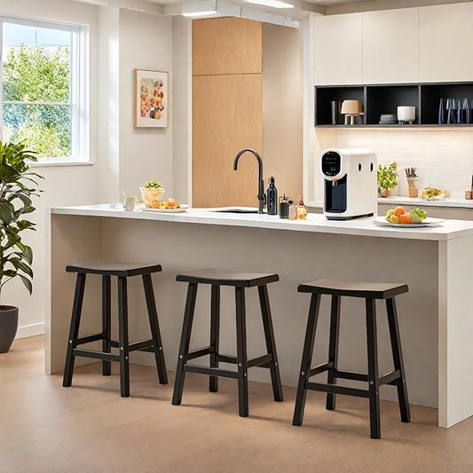 29" H Bar Stools Set of 2 - Classic Saddle Seat with Footrest, Resin Kitchen Counter Stool, Anti-Slip & Waterproof - Tall Barstools for Bar, Kitchen, Dining Room, Lounge - Black