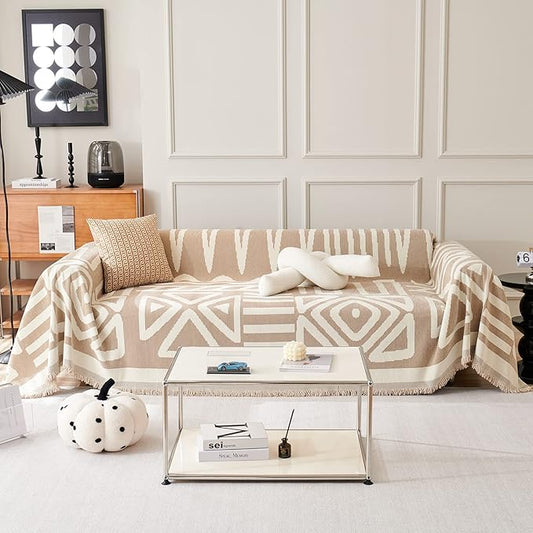 STACYPIK Thick Boho Sofa Cover Beige Khaki Triangle Plaid Couch Cover Skin Pet-Friendly Chenille Sofa Protector for 3 Cushion Couch Reversible Couch Cover Tassel Washable Sectional Sofa Cover-91X134IN