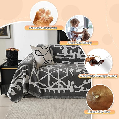MYSKY HOME Boho Couch Cover Sofa Covers, Couch Covers for 2 Cushion Couch Sofa, Chenille L Shape Sectional Couch Cover - Pet-Friendly, Machine Washable, Sofa Protector for Kid, 71"x118", Grey Geometry