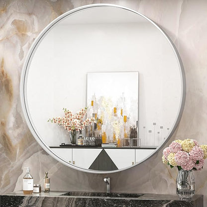 TokeShimi 40 Inch Round Silver Bathroom Vanity Mirror for Wall with Non-Rusting Aluminum Alloy Brushed Matte Metal Frame for Modern Minimalist Farmhouse Home Decor