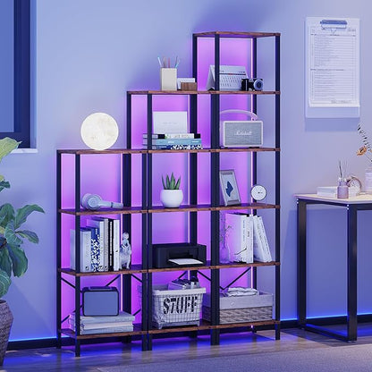 6-Tier Bookshelf, Tall Narrow Bookcase with LED Lights, Book Shelf with Steel Frame, Display Storage Shelf for Living Room, Bedroom, Home Office, Study, Balcony, Rustic Brown