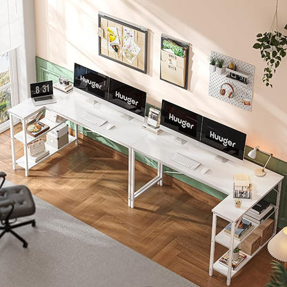 Huuger L Shaped Desk, 55 Inches Computer Desk with Reversible Storage Shelves, for Gaming Corner Home Office Writing Study, Metal Frame, White