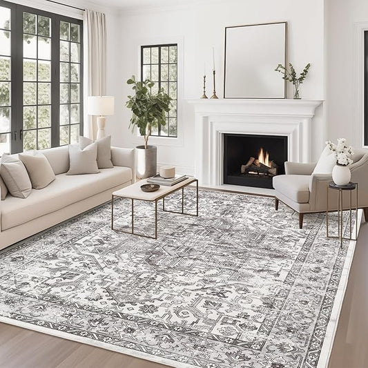 zesthome 9x12 Area Rugs,Stain Resistant Washable Rug,Ultra-Thin Rugs for Living Room,Bedroom,Non-Slip Backing Home Decor Large Area Rug (Grey/White,9'x12')