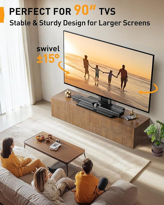 Perlegear Universal Swivel TV Stand with Pegboard Storage, Height Adjustable Table top TV Stand Mount for 42-90 Inch TVs, up to 150 lbs with Large Glass Base for Stability, Max VESA 600x400mm PGTVS36