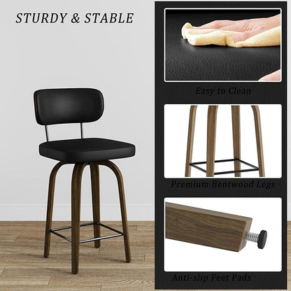 Swivel Counter Height Bar Stools with Back Set of 2, 26" Faux Leather Kitchen Bar Stools with Wood Legs and Metal Footrest for Kitchen Island (Black PU)