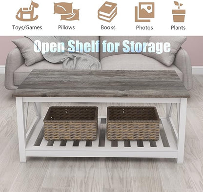Farmhouse Coffee Table, White Oak Coffee Table for Living Room, 2-Tier Rectangular Wooden Centre Cocktail Table with Slats Shelf Storage and V-Shaped Frame Modern Coffee Oak Grey