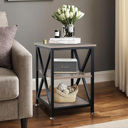 End Tables Living Room Set of 2, 16" D x 16" W x 24" H, Indoor Side Tables Living Room with Storage Shelf, Square End Table Set of 2, X-Shaped Night Stands for Bedroom, Farmhouse Wood End Tables, Grey