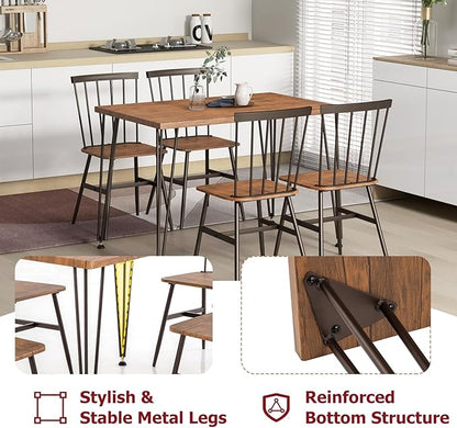 Tangkula Dining Table Set for 4, Kitchen Table and Chairs Set of 4 w/Metal Frame, 360° Swivel Feet, Space-Saving Dinette Table Set for Living Room, Restaurant, Breakfast Nook (Teak)