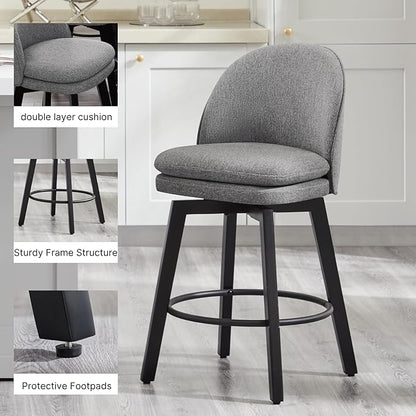 Counter Height Barstools 26 inch Upholstered Swivel Bar Stools with Back and Wood Legs for Kitchen Island,Set of 1,Dark Grey Fabric-Armless