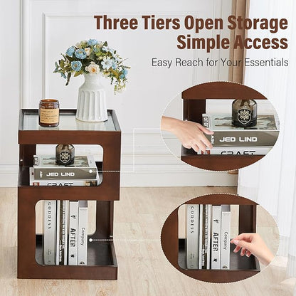 CozyDH 3-Tier End Table No Assembly Required, Modern Side Table 3-Tier Wood Nightstand for Small Spaces with Open Storage, Walnut Bedside Table for Bedroom