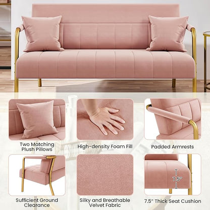 Yaheetech 56.5" W Modern Sofa Small Sofa Luxurious Velvet Fabric Couch with Gold-Tone Metal Arms and Legs for Living Room, Home Office, Studio Pink
