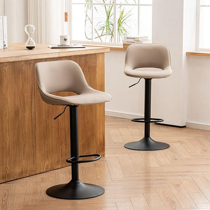 YOUNIKE Bar Stools Set of 2 Compact Modern Swivel Barstools, Adjustable Counter Height Bar Stools Faux Leather Upholstered Bar Chairs with Back for Kitchen Island, Khaki