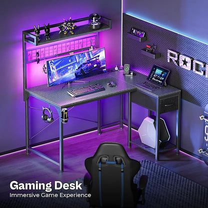 PRAISUN L Shaped Gaming Desk with Shelves, Corner Computer Table with LED Lights, Power Outlets and USB-C Ports, 42 Inch Home Office Desk with Storage Drawer, for Work and Study, Carbon Fiber Black
