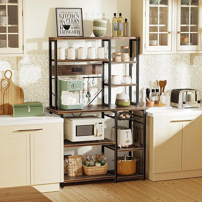 SUPERJARE Large Bakers Rack with Power Outlets, 6-Tier Microwave Stand, Coffee Bar with 12 S-Shaped Hooks, Kitchen Shelf with Wire Basket, 39.3 x 15.5 x 66.9 Inches, Rustic Brown