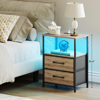 Nightstands Set of 2, Night Stand with Charging Station and Led Lights, Bedside Table with 2 Fabric Drawers for Bedroom, Small Side End Table with Open Shelf, Greige