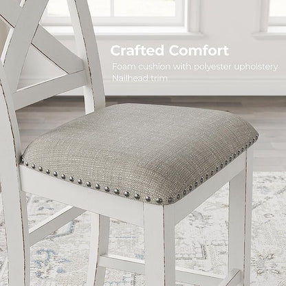 Signature Design by Ashley Robbinsdale Farmhouse Armless 24.75" Counter Height Upholstered Bar Stool with Foot Rest, Set of 2, White & Light Gray
