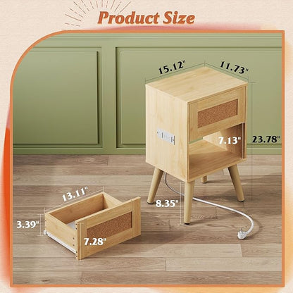 WLIVE Rattan Nightstands Set of 2 with Charging Station, Boho Nightstand, Wood Side Table, Small End Table with Drawers for Bedroom, Natural Oak