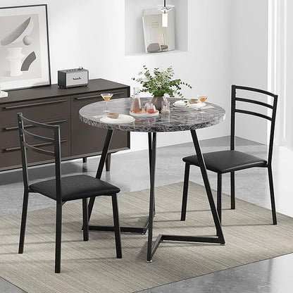 VECELO Small Round Dining Table Set for 2, Wood Tabletop with Strong Metal Frame, Modern Dinette with Chairs for Kitchen, Breakfast Nook Living Room, Faux Marbled & Grey