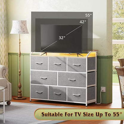 WLIVE Dresser TV Stand with Power Outlets, Led Dresser for Bedroom, Fabric Chest of Drawers with Open Shelves, Wood Top, Steel Frame, 6 Drawer Dressers for Closet, Living Room, Light Grey