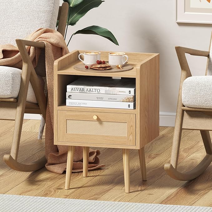 Night stand Set of 2, Bedside Tables with Charging Station, Rattan End Tables, Boho Bed Side Tables, Wood Nightstands set of 2 for Kids' Room Farmhouse Bedroom Living Room Dorm Sofa Couch (Natural)
