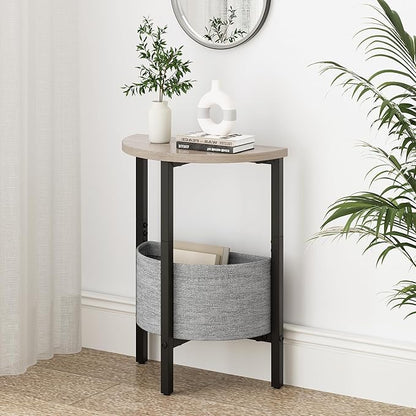 Vagusicc Small Round Side Table End Table with Storage Basket, Accent Coffee Tables Modern Round Nightstand, Set of 2 Half Round Tables, Tall Sofa Table Bedside Table for Living Room Bedroom,Gray