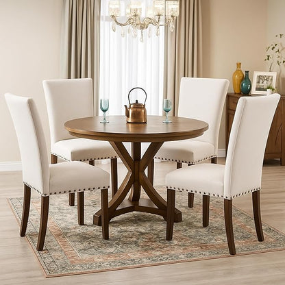 Set of 4 Beige Upholstered Dining Chairs, Farmhouse Kitchen Chairs with High Back Support, Solid Rubberwood Legs, Comfortable Padded Seat, Bronze Nailhead Trim, Dining Room Chairs for Family Meals