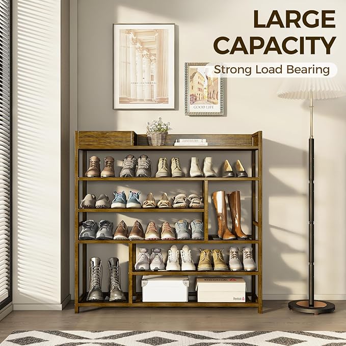 Bamworld Shoe Rack for Front Door Entrance Bamboo Shoe Organizer with Storage Box Free Standing Shoe Cabinet Wooden Shoe Storage Shelf for entryway, Closet and Doorway (Dark Brown)