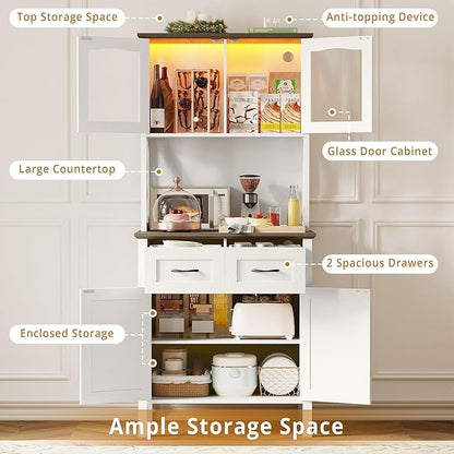 IRONCK 71" Pantry Cabinet with LED Lights and Charging Station, Tall Kitchen Storage Cabinet with Microwave Stand, Farmhouse Kitchen Hutch for Dining Room, White