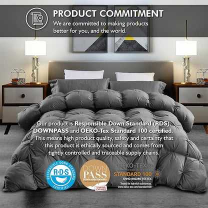 Luxurious All-Season Goose Down Feather Fiber Comforter Oversize Queen Duvet Insert (98x98), Exquisite Pinch Pleat Design- Gray, Premium Baffle Box, 100% Egyptian Cotton Cover, 70 oz. Fill Weight