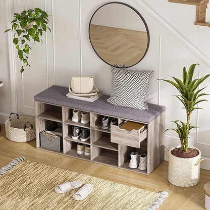 DINZI LVJ Shoe Bench, Entryway Storage Bench with Drawer and 11 Cubbies, Cubby Shoe Rack with Adjustable Shelves, Organizer Cabinet for Living Room, Bedroom, Mudroom, Closet and Garage, Greige