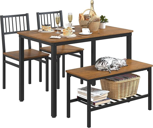 Teraves Dining Table Set for 4/Computer Desk,Kitchen Table with 2 Chairs and a Bench,Table and Chairs Dining Room Set 4 Piece Set for Dining Room (Teak, 120CM)