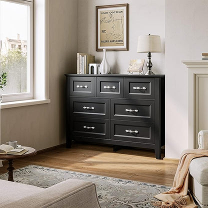 LINSY HOME Black Dresser for Bedroom, Long Dresser with 7 Drawers, Wood Chest of Drawers with Metal Handles, Ideal for Living Room, Entryway and Hallway