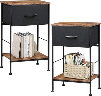 WLIVE Nightstand Set of 2, End Table with Fabric Storage Drawer and Open Wood Shelf, Bedside Furniture with Steel Frame, Side Table for Bedroom, Dorm, Black and Rustic Brown, 25.03" Height