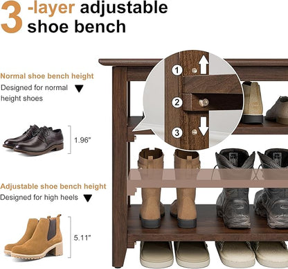 Wooden Storage Shoe Bench, Entryway Bench with 3-Tiers Height Adjustable, Shoe Rack Front Doors Entrances for Hallway Living Room,Mudrooms (Brown,47.2")