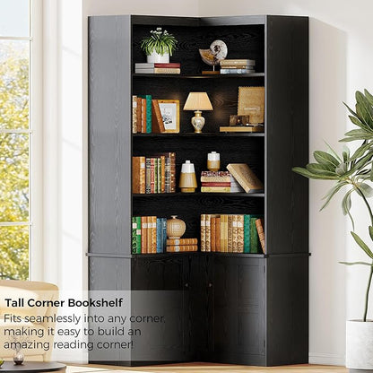 IRONCK Corner Bookshelf with Doors, 6 Tier Bookcase with Storage, Corner Shelf with Cabinet, Large Tall Bookshelf for Living Room, Home Office, Bedroom,Black