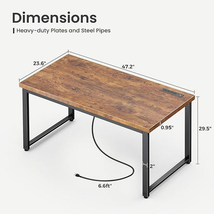 Huuger 48 x 24 inch Desk with Power Outlets & USB-C, Deeper & Thicker Desktop, Robust Metal Tubes, Computer Desk, Heavy Duty Office Desk, Work Gaming Desk for Home Office, Rustic Brown