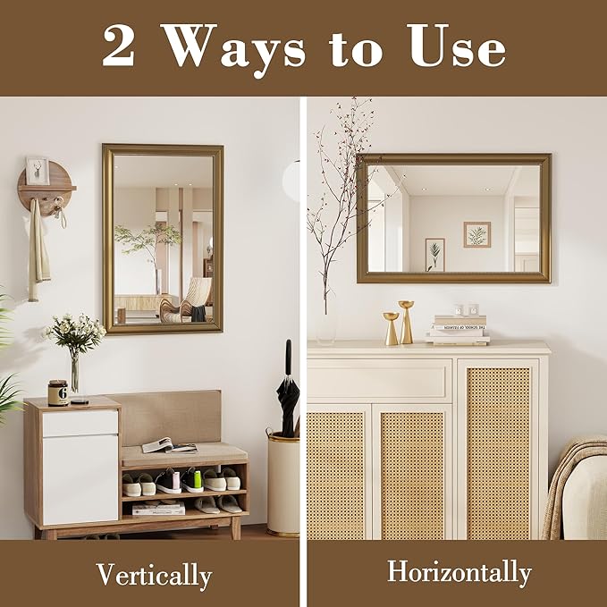 Axeman 24x36 Rectangular Wall Mirror, Decorative Bathroom Mirror, Traditional Vintage Wall Mounted Mirror with Beaded Frame for Accent Living Room Vanity Bedroom Entryway, Gold