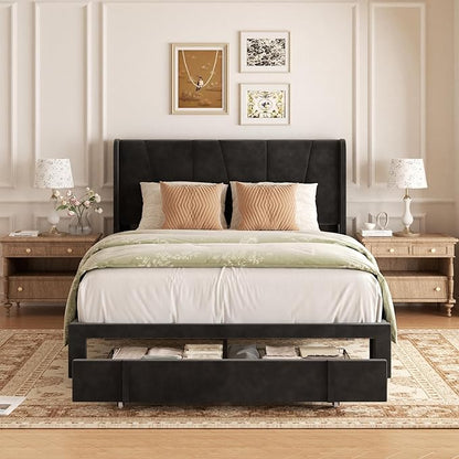 Full Bed Frame with Storage Drawers, Upholstered Platform Bed with Headboard and Wingboard, No Box Spring Needed, Noise Free, Easy Assembly, Wooden Support Slats, Black