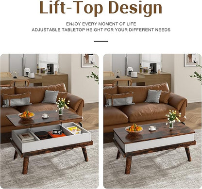 Shintenchi Coffee Table, Lift Top Coffee Table with Hidden Compartment, Rising Tabletop Dining Table, Lift Top Coffee Center Table for for Living Room, Office, Home (Rustic Brown)