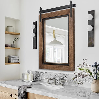 YOSHOOT Farmhouse Barn Door Mirror, 40"x30" Rustic Bathroom Mirror, Wood Frame Wall Mirror, Wooden Mirror for Living Room Bedroom Entryway Wall Décor, Vertical Hanging ONLY