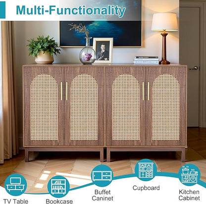 59" Sideboard Buffet Cabinet with Storage, Rattan Kitchen Buffet Storage Cabinet Set of 2, Modern Sideboard with Doors & Shelves for Living Room, Kitchen, Hallway, Dark Brown