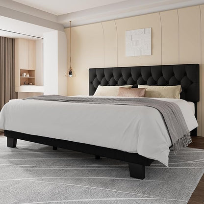 Feonase King Size Platform Bed Frame, Upholstered Bed with Button Tufted Headboard, Heavy Duty Wooden Slats & Thickened Feet, No Box Spring Needed, Noise-Free, Easy Assembly, Black