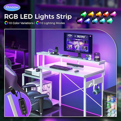 AODK Computer Desk, 48 Inch Gaming Desk with Led Lights & Power Outlet, Office Desk with Storage Shelves, Reversible Desk with Monitor Shelf & Headphone Hook, White