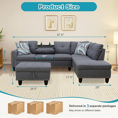 Couches for Living Room Modern L Shaped Couch Comfy Linen Fabric 3 Pieces Sectional Sofa with Chaise, Ottoman with Storage for Office and Small Apartment, Charcoal