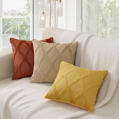decorUhome Fall Throw Pillow Covers 18x18 Inch Set of 2, Soft Plush Faux Fur Wool Mustard Yellow Couch Pillow Covers, Decorative Neutral Pillow Cases for Bed Sofa Living Room Home Decor