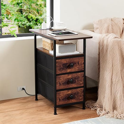 AMHANCIBLE End Tables Living Room with Charging Station, Narrow Side Table with USB Ports and Outlets, Slim Nightstand with 3 Fabric Drawers for Bedroom, Small Space, Rustic Brown, HETN013BR-1