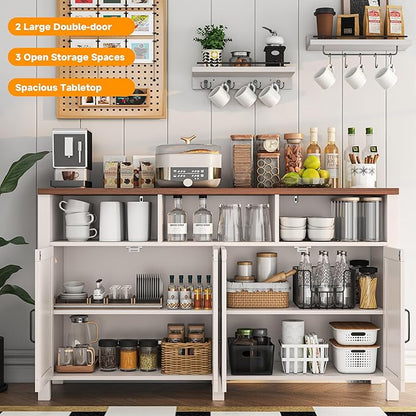 Buffet Sideboard with Storage Farmhouse with 4 Doors, 55'' Large Kitchen Storage Cabinet Wood Coffee Bar Cabinet Buffet Table with Shelves for Kitchen, Dining Room, Entryway