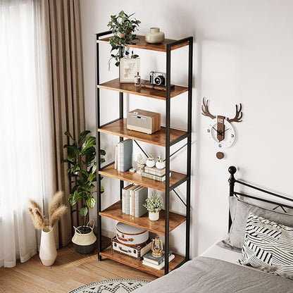 Casaottima Book Shelf, 6 Tier Tall Bookshelf, Modern Wood Bookcase Shelves for Bedroom, Industrial Display Shelf for Living Room Home Office Kitchen, Standing Shelving Unit Storage Organizer, Vintage